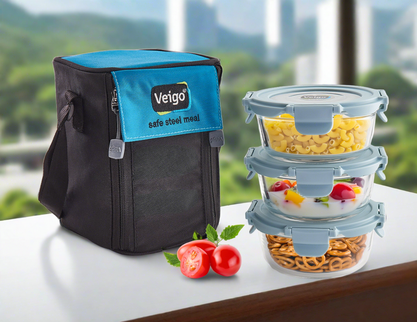 Veigo Glass LunchBoss- Set of 3 Round in an Insulated Pouch - Veigo Sky