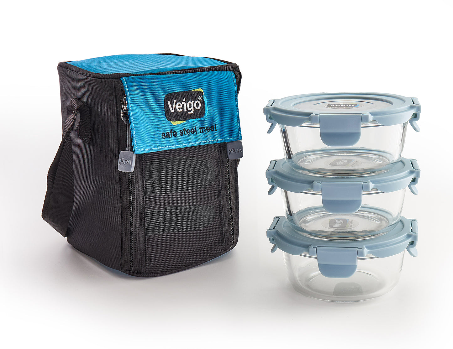 Veigo Glass LunchBoss- Set of 3 Round in an Insulated Pouch - Veigo Sky