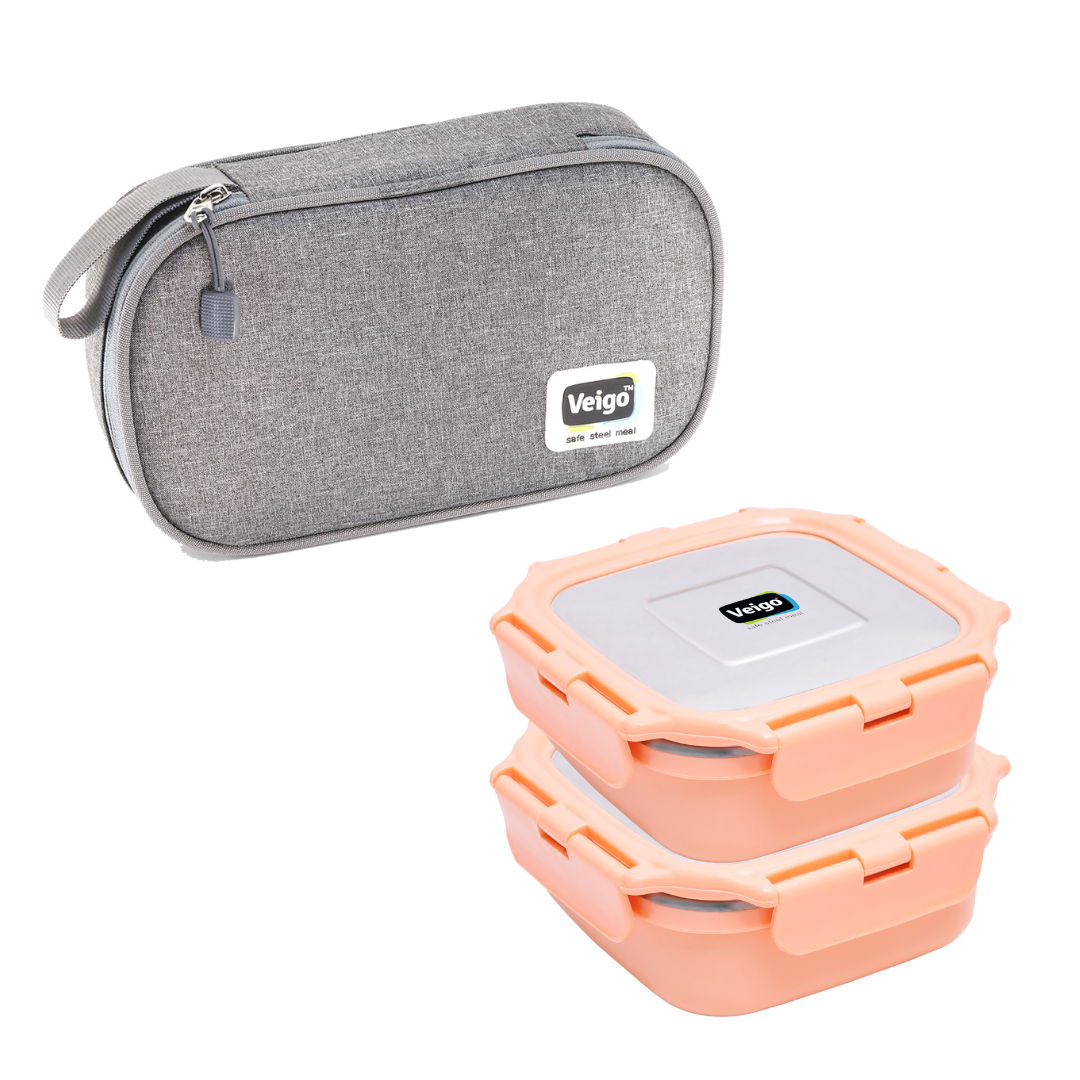 Veigo HeatUp Medium ( Microwave Safe) - Veigo Peach / Set of 2 with Insulated Pouch