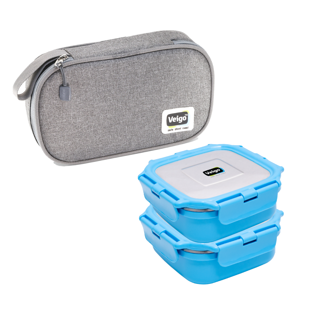 Veigo HeatUp Medium ( Microwave Safe) - Veigo Fresh Blue / Set of 2 with Insulated Pouch