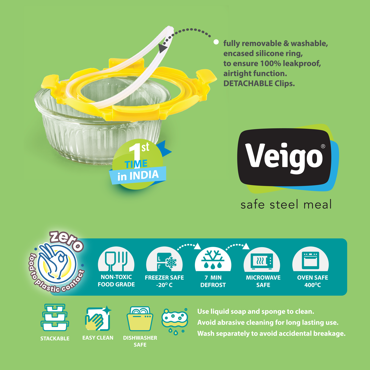 Veigo See & Serve |ROUND| Glass Container w/ Glass Lid - Veigo Single / 620 Ml / Onyx