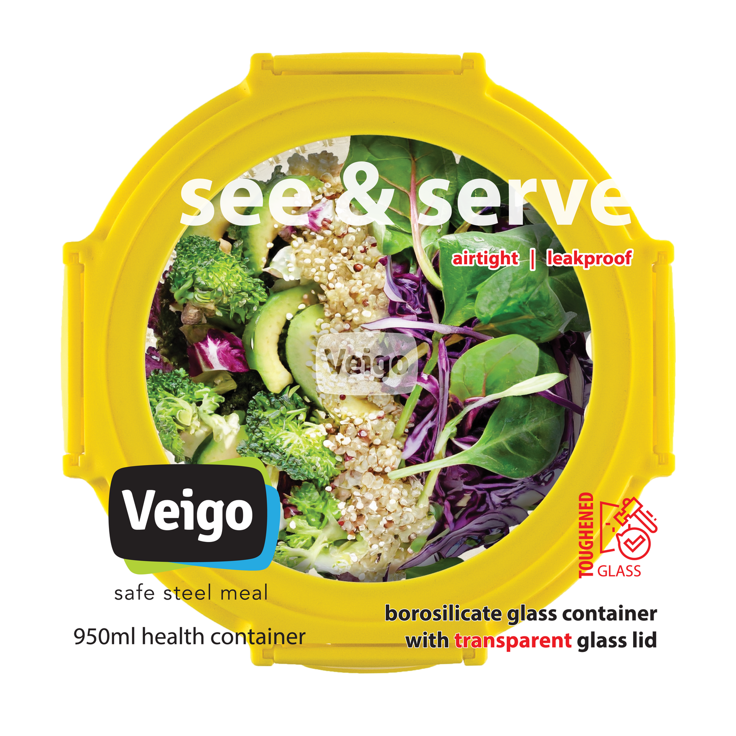 Veigo See & Serve |ROUND| Glass Container w/ Glass Lid - Veigo Single / 620 Ml / Onyx