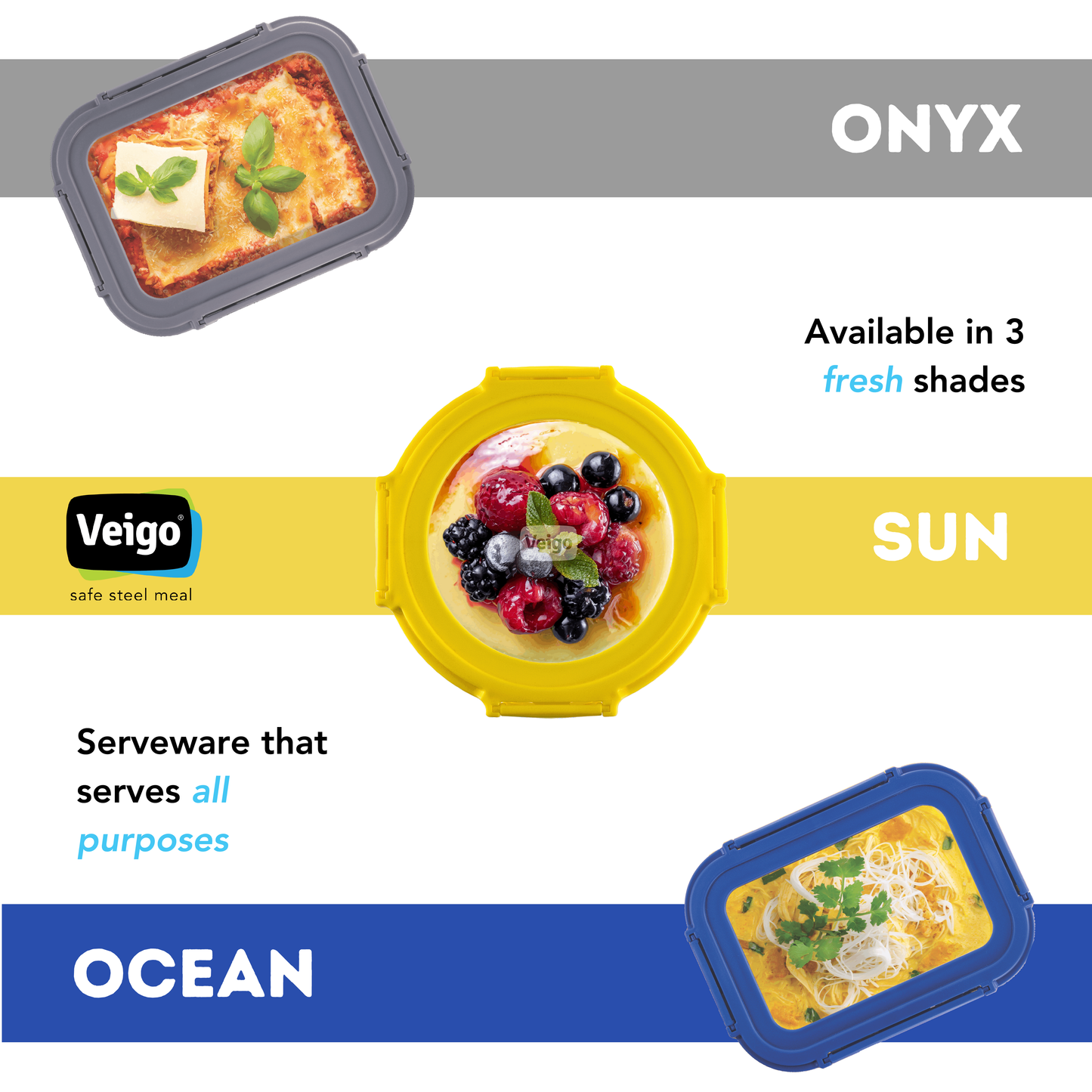 Veigo See & Serve |SQUARE| Glass Container w/ Glass Lid - Veigo Single / Ocean