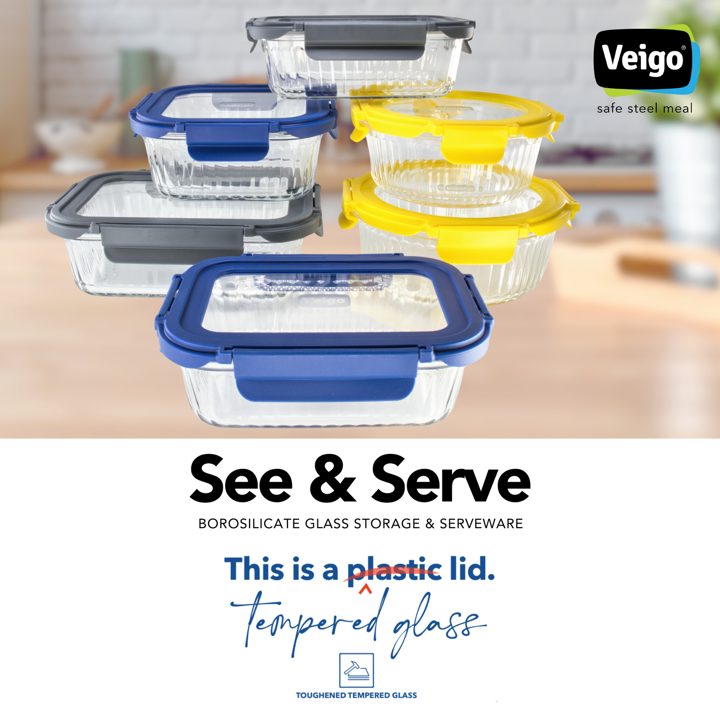 Veigo See & Serve |SQUARE| Glass Container w/ Glass Lid - Veigo Single / Ocean