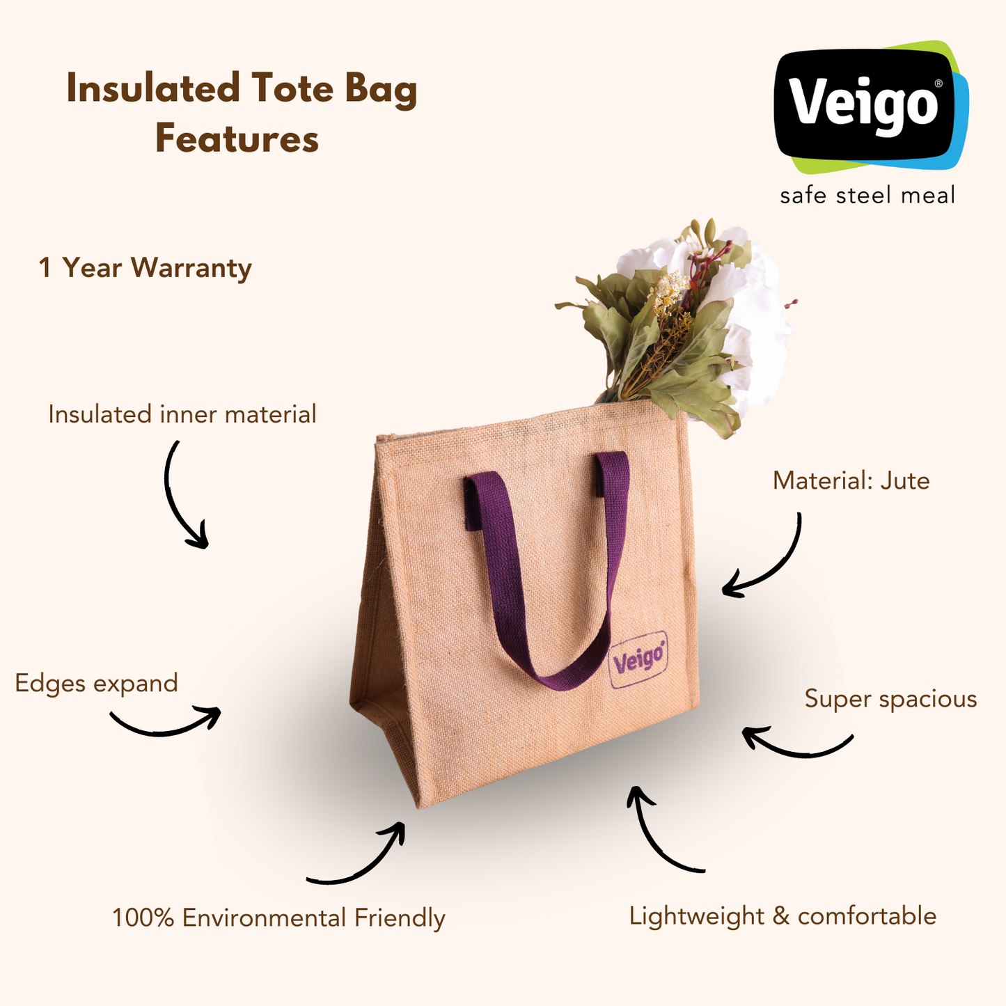 Veigo Insulated Lunch Bag Tote - Veigo Violet / Single Piece
