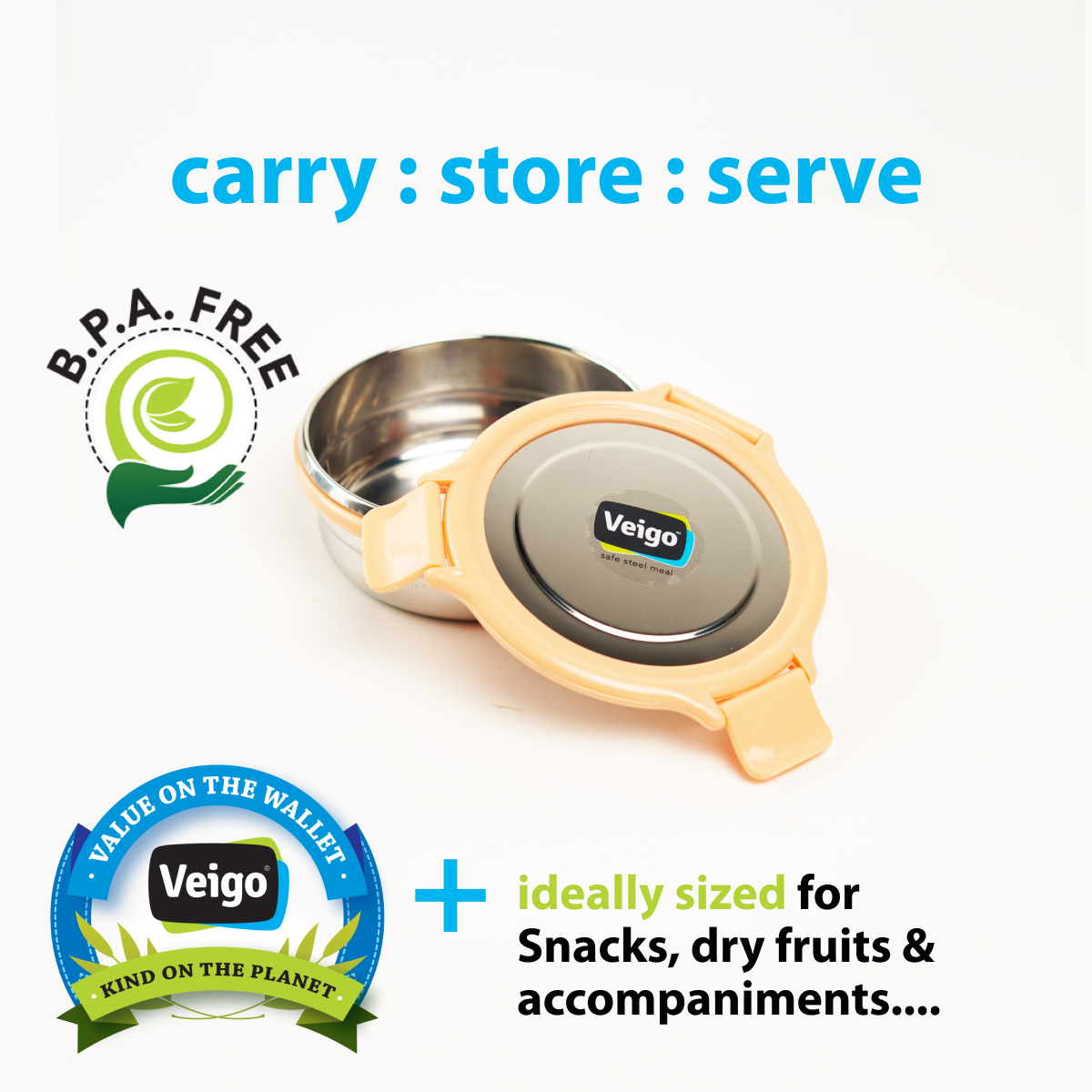 Veigo Round Steel Snack Box| Leakproof Steel Storage Box
