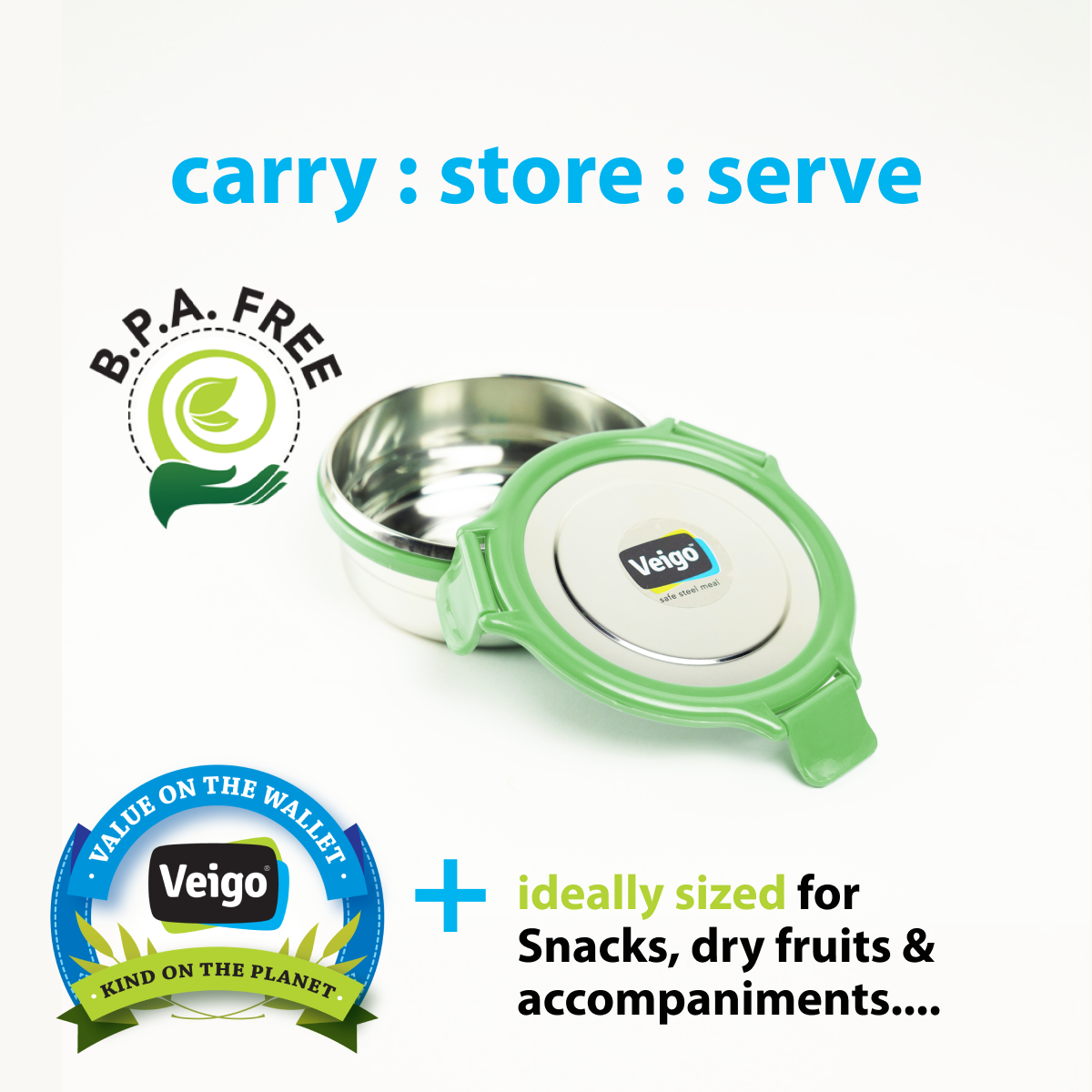 Veigo Round Steel Snack Box| Leakproof Steel Storage Box