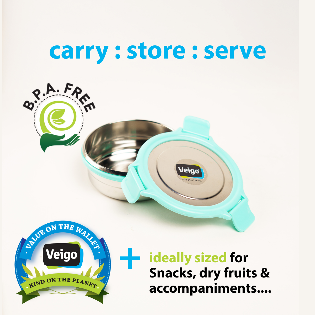 Veigo Round Steel Snack Box| Leakproof Steel Storage Box