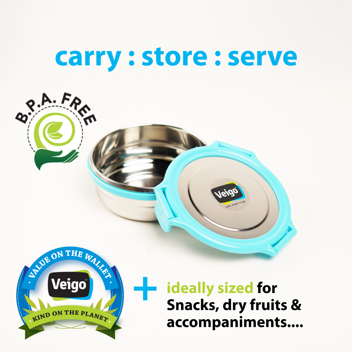Veigo Round Steel Snack Box| Leakproof Steel Storage Box