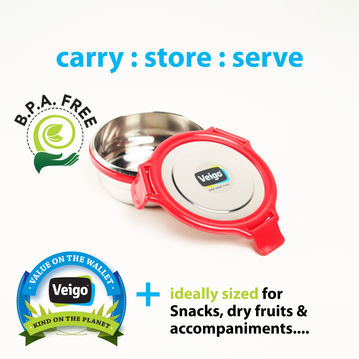 Veigo Round Steel Snack Box| Leakproof Steel Storage Box