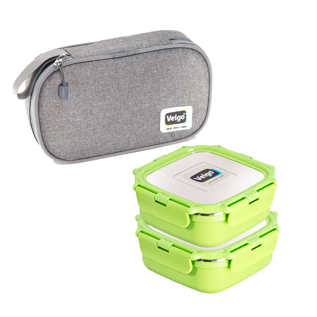 Veigo HeatUp Medium ( Microwave Safe) - Veigo Green / Set of 2 with Insulated Pouch