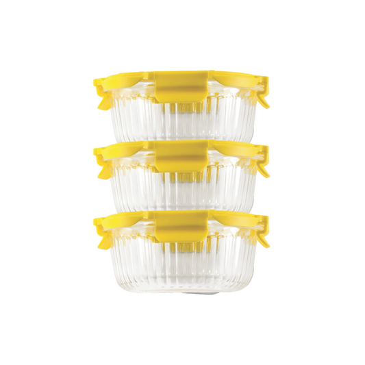 Veigo See & Serve |ROUND| Glass Container w/ Glass Lid - Veigo Set of 3 - Value Deal / 620 Ml / Sun