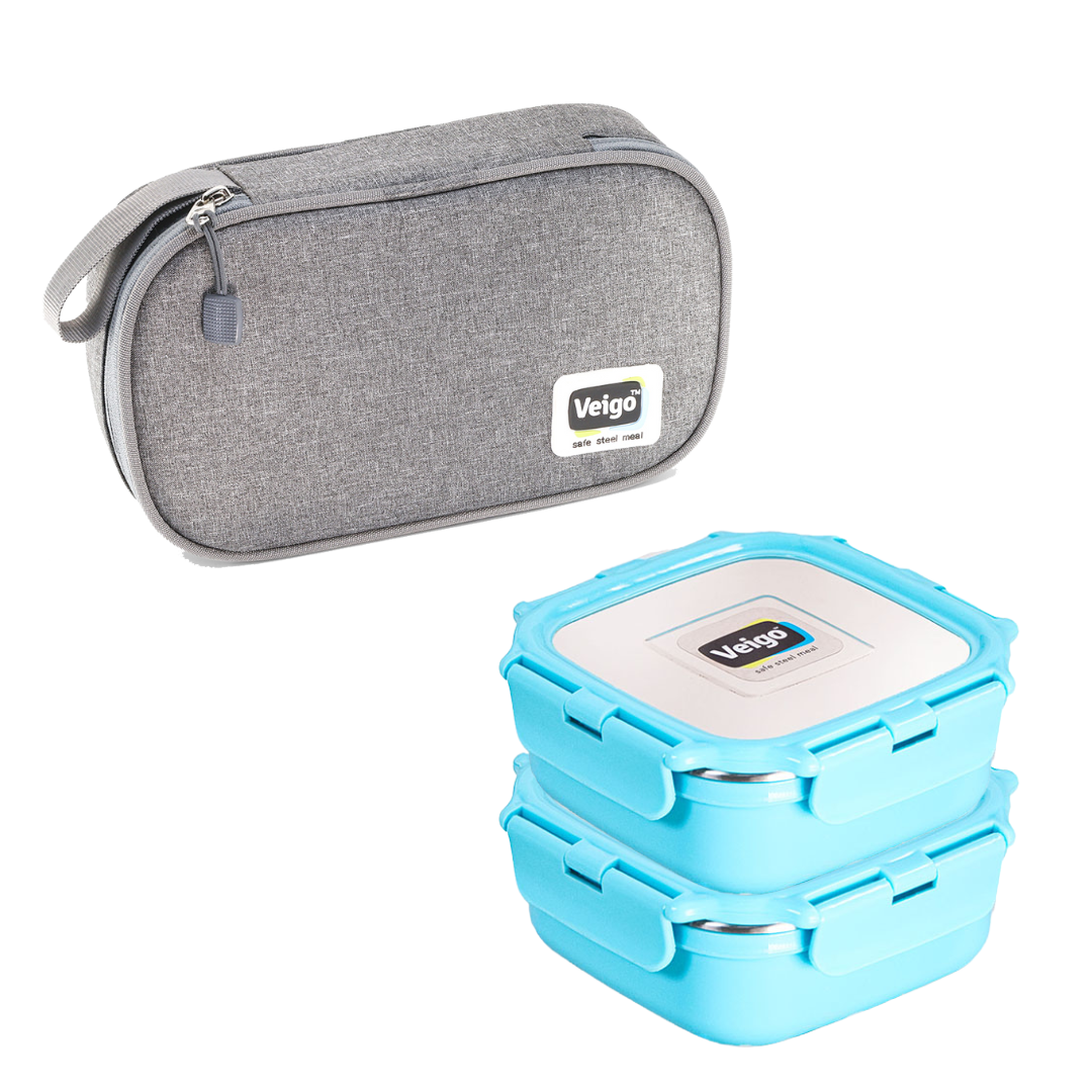 Veigo HeatUp Medium ( Microwave Safe) - Veigo Aqua Blue / Set of 2 with Insulated Pouch
