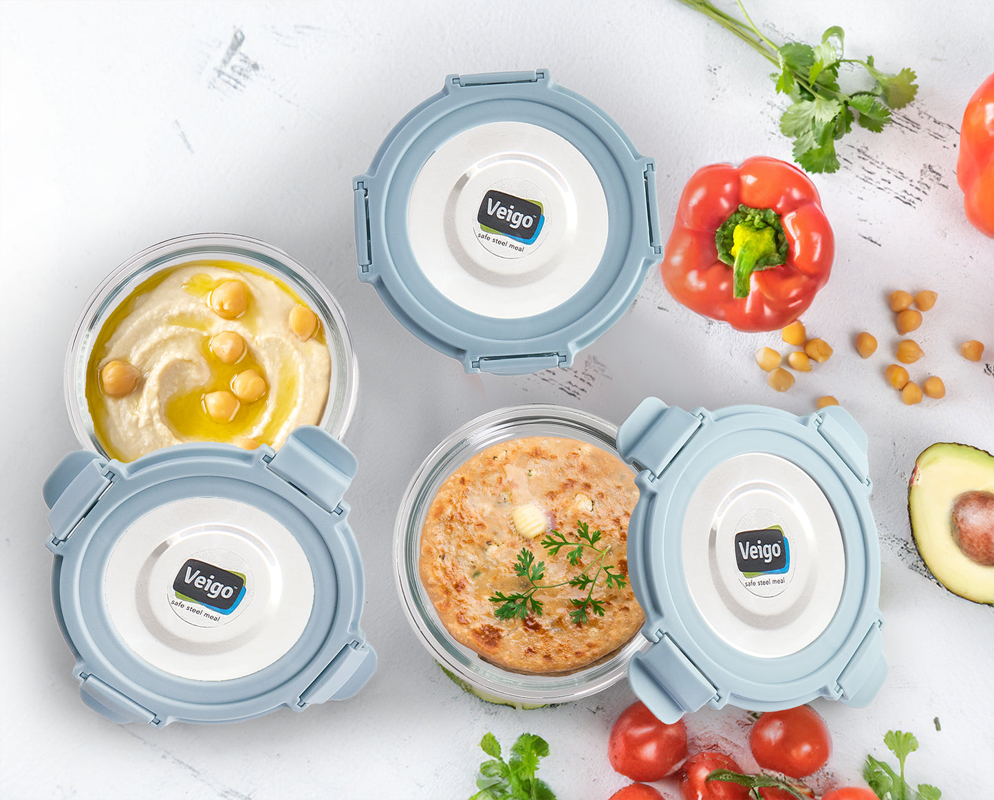 Veigo Glass LunchBoss- Set of 3 Round in an Insulated Pouch - Veigo Sky