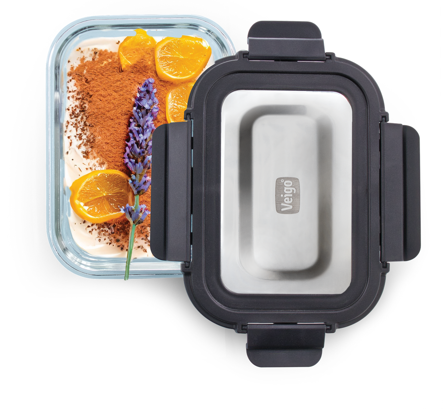 Veigo Pure and Sure series | Rectangle | Borosilicate Glass Container with Stainless Steel Lid - Veigo 640 ML / Stone