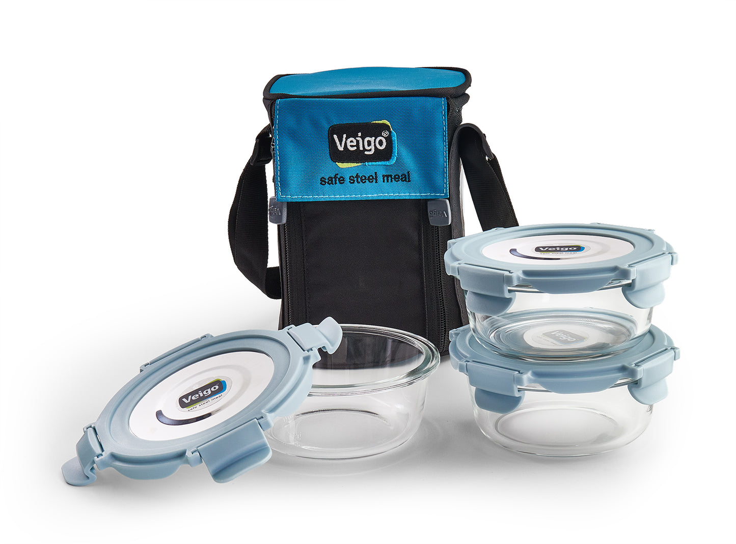 Veigo Glass LunchBoss- Set of 3 Round in an Insulated Pouch - Veigo Sky