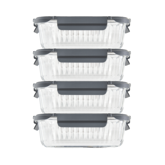 Veigo See & Serve |RECTANGLE| Glass Container w/ Glass Lid - Veigo Set of 4 - Value Deal / 1040 Ml / Onyx
