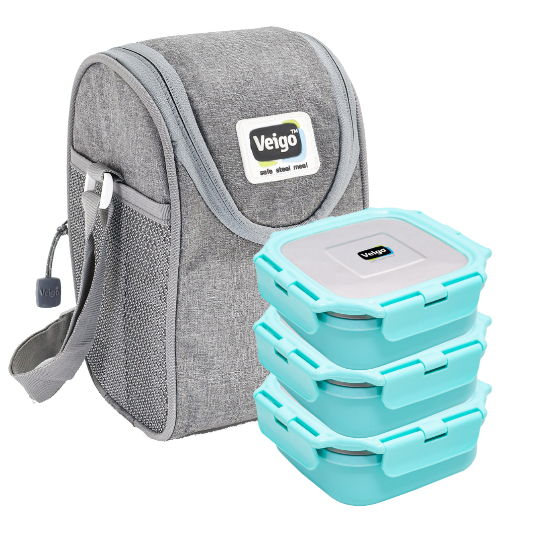 Veigo HeatUp Medium ( Microwave Safe) - Veigo Light Green Cyan / Set of 3 with Insulated Pouch