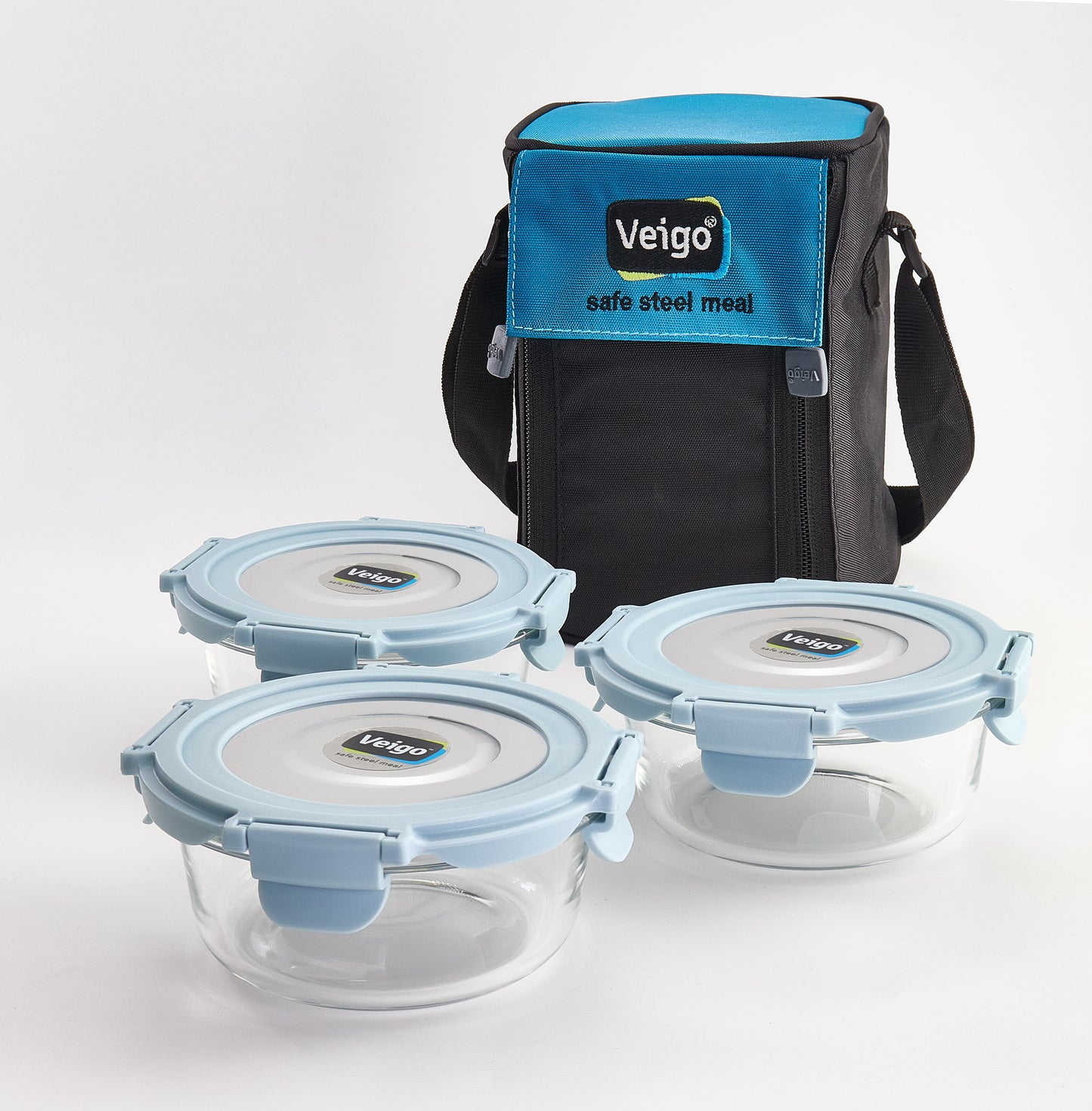 Veigo Glass LunchBoss- Set of 3 Round in an Insulated Pouch - Veigo Sky
