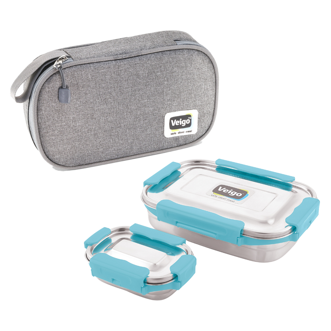 Veigo MaxoSteel JUMBO Lunch Box w/ Veg Box - Veigo with Insulated Pouch / Aqua Blue
