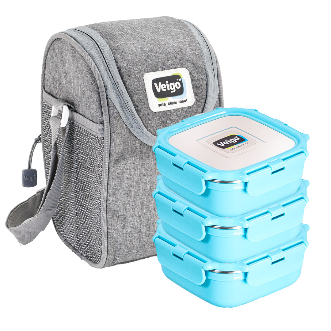 Veigo HeatUp Medium ( Microwave Safe) - Veigo Aqua Blue / Set of 3 with Insulated Pouch