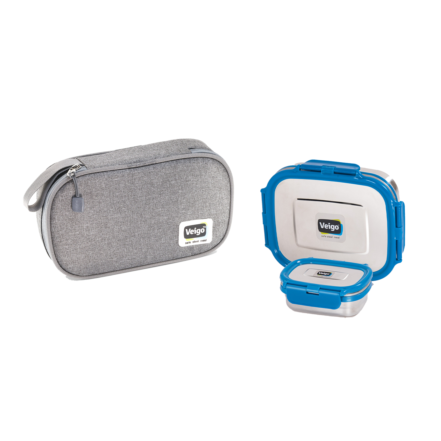 Veigo LARGE Steel Lunch Box - Veigo Set of 2 ( Large + Small ) in Insulated Pouch / Dark Blue