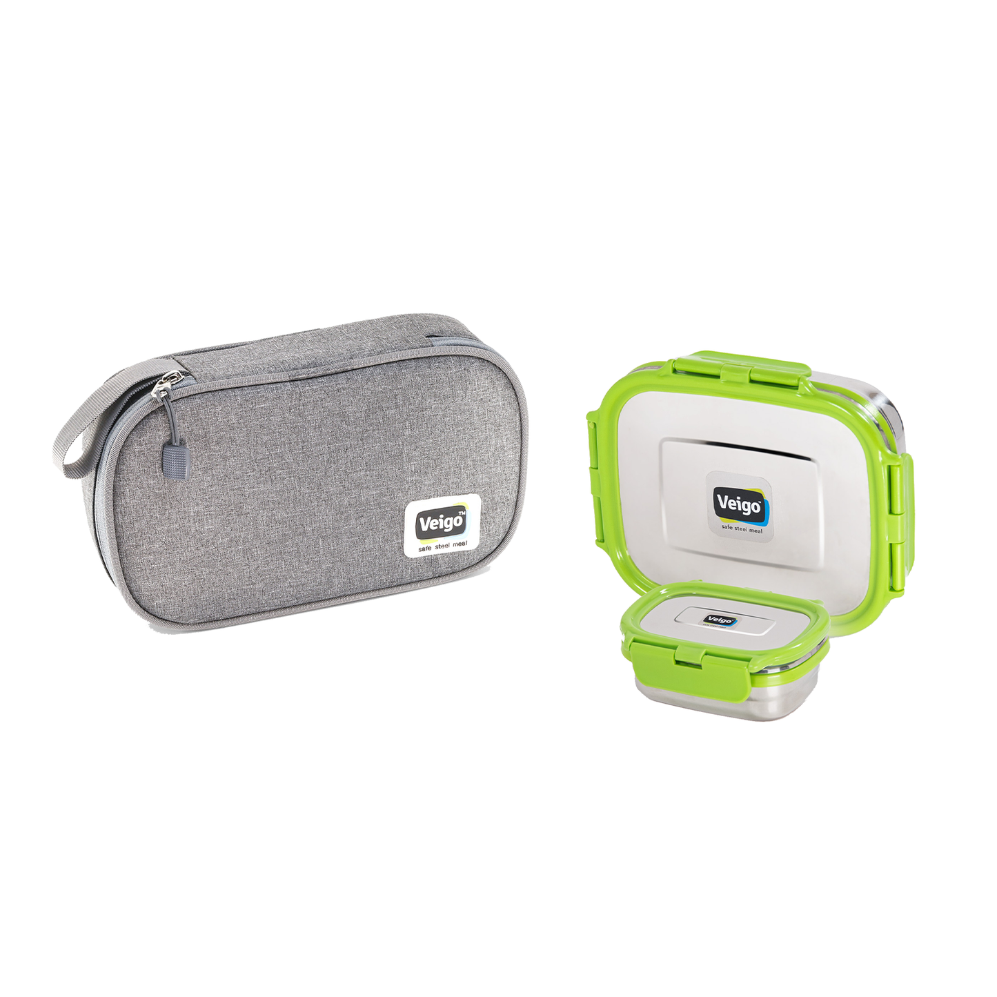 Veigo LARGE Steel Lunch Box - Veigo Set of 2 ( Large + Small ) in Insulated Pouch / Green
