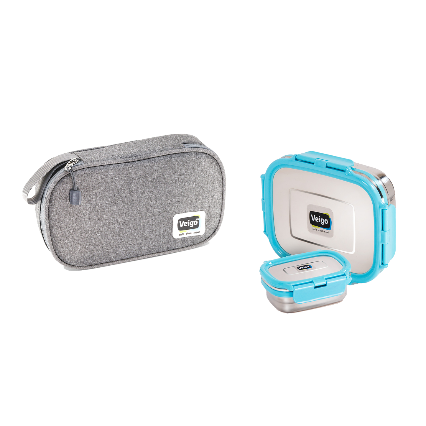 Veigo LARGE Steel Lunch Box - Veigo Set of 2 ( Large + Small ) in Insulated Pouch / Aqua Blue