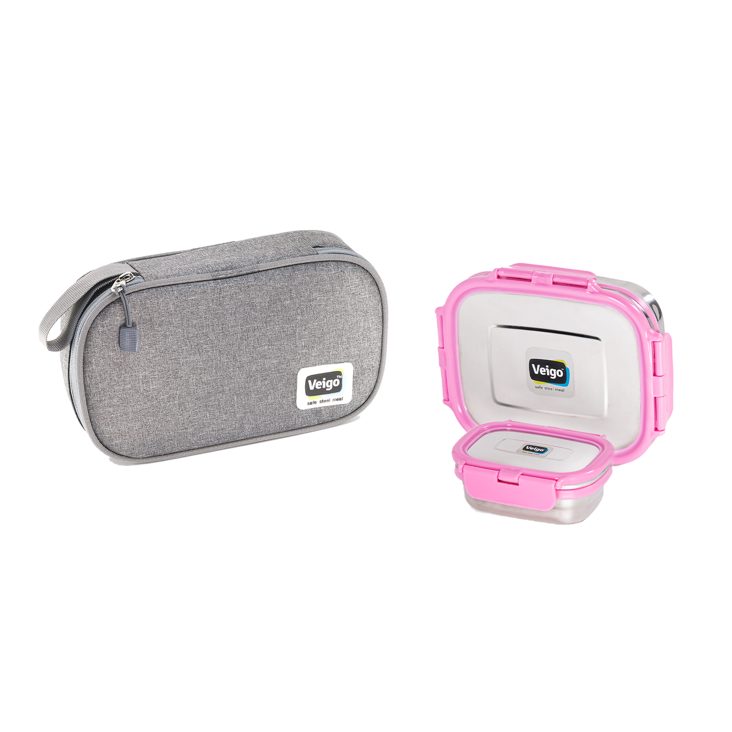 Veigo LARGE Steel Lunch Box - Veigo Set of 2 ( Large + Small ) in Insulated Pouch / Pink