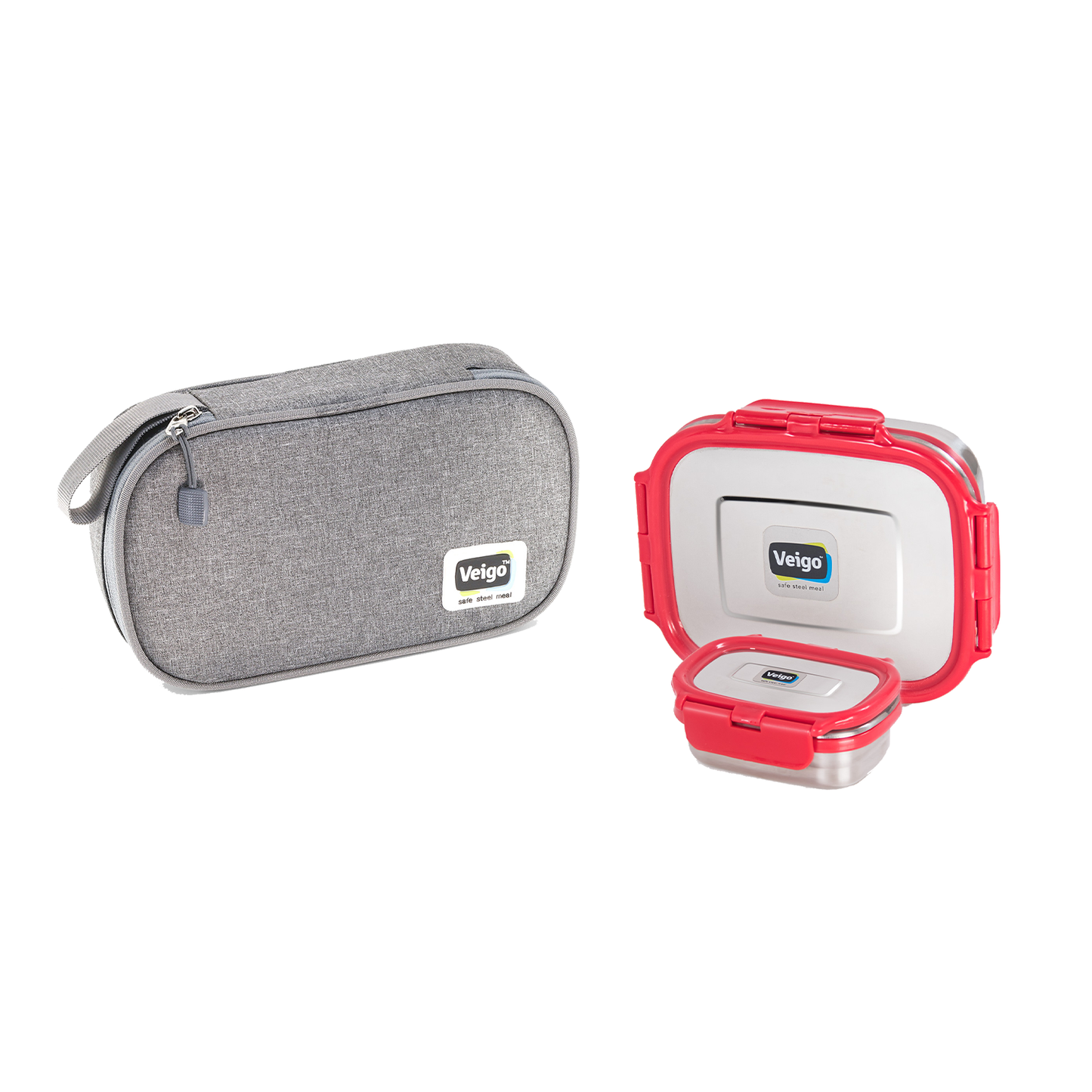 Veigo LARGE Steel Lunch Box - Veigo Set of 2 ( Large + Small ) in Insulated Pouch / Red