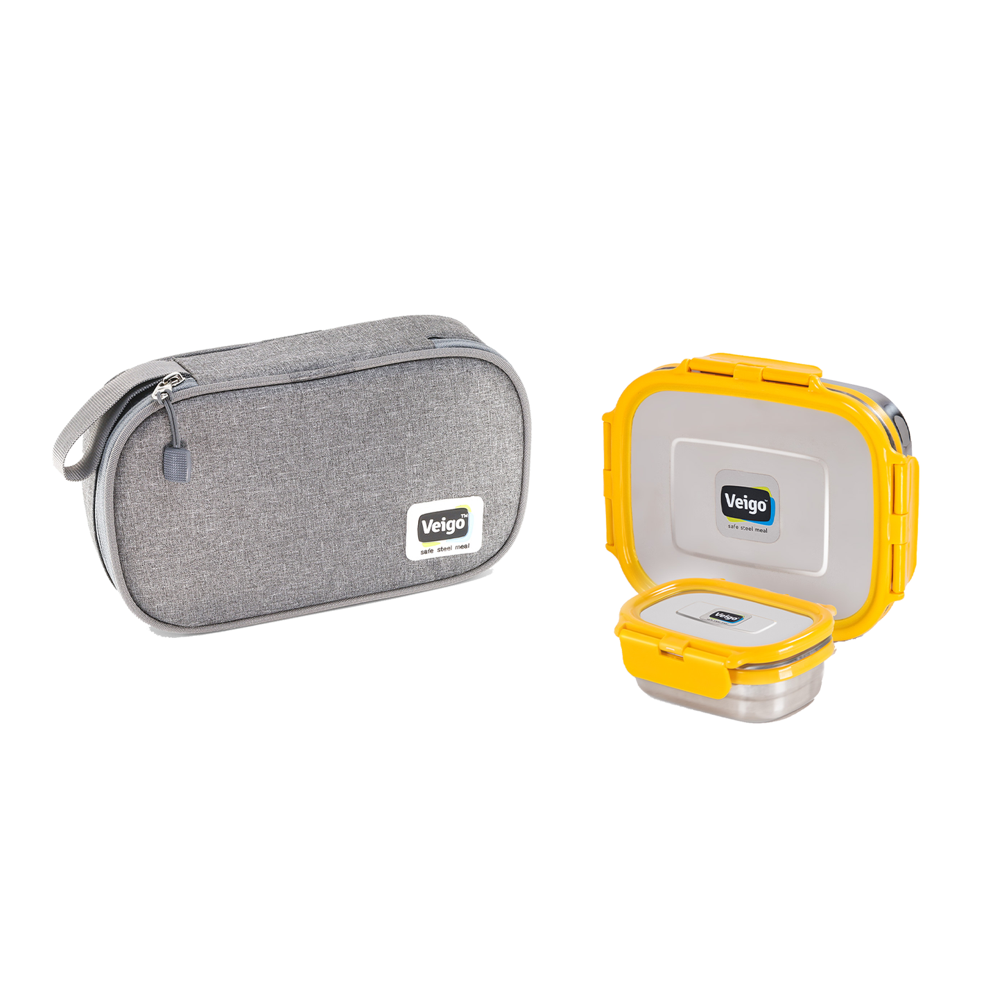 Veigo LARGE Steel Lunch Box - Veigo Set of 2 ( Large + Small ) in Insulated Pouch / Yellow