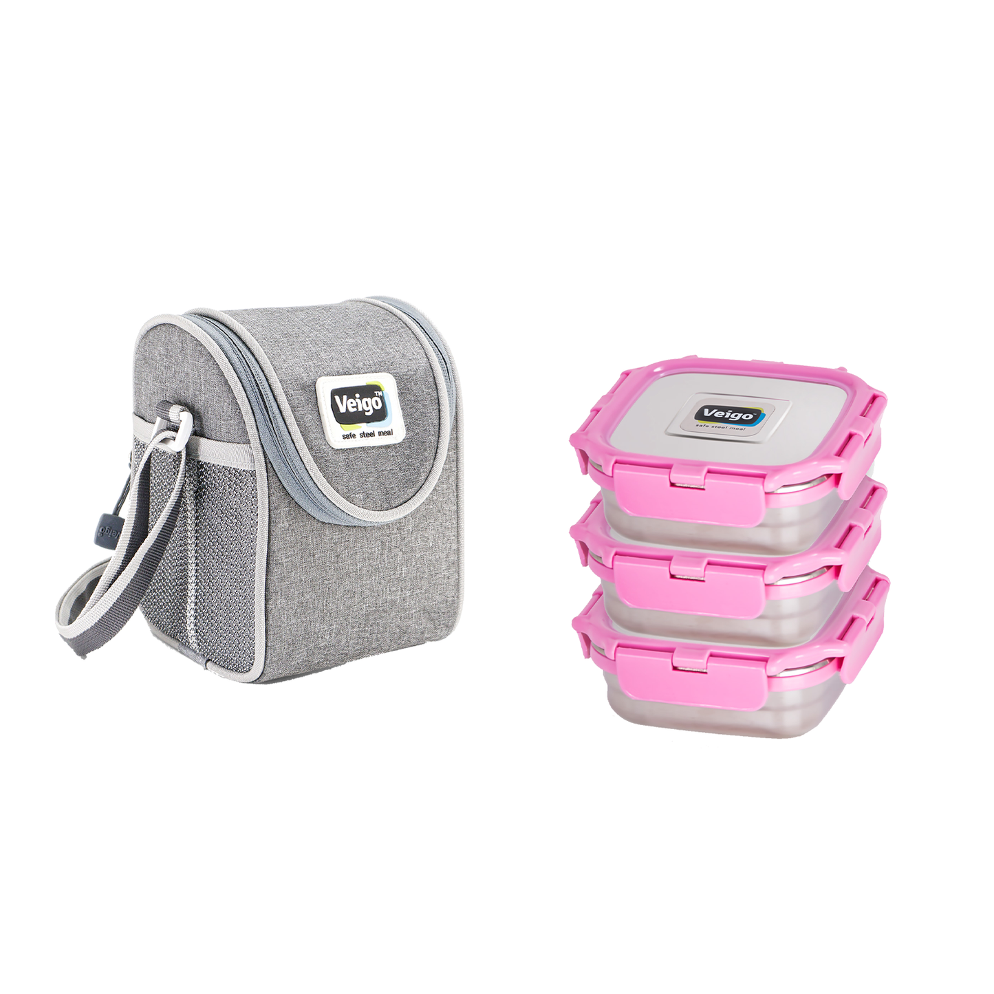 Veigo MEDIUM Steel Snack Box - Veigo Stack of 3 with Insulated Pouch / Pink