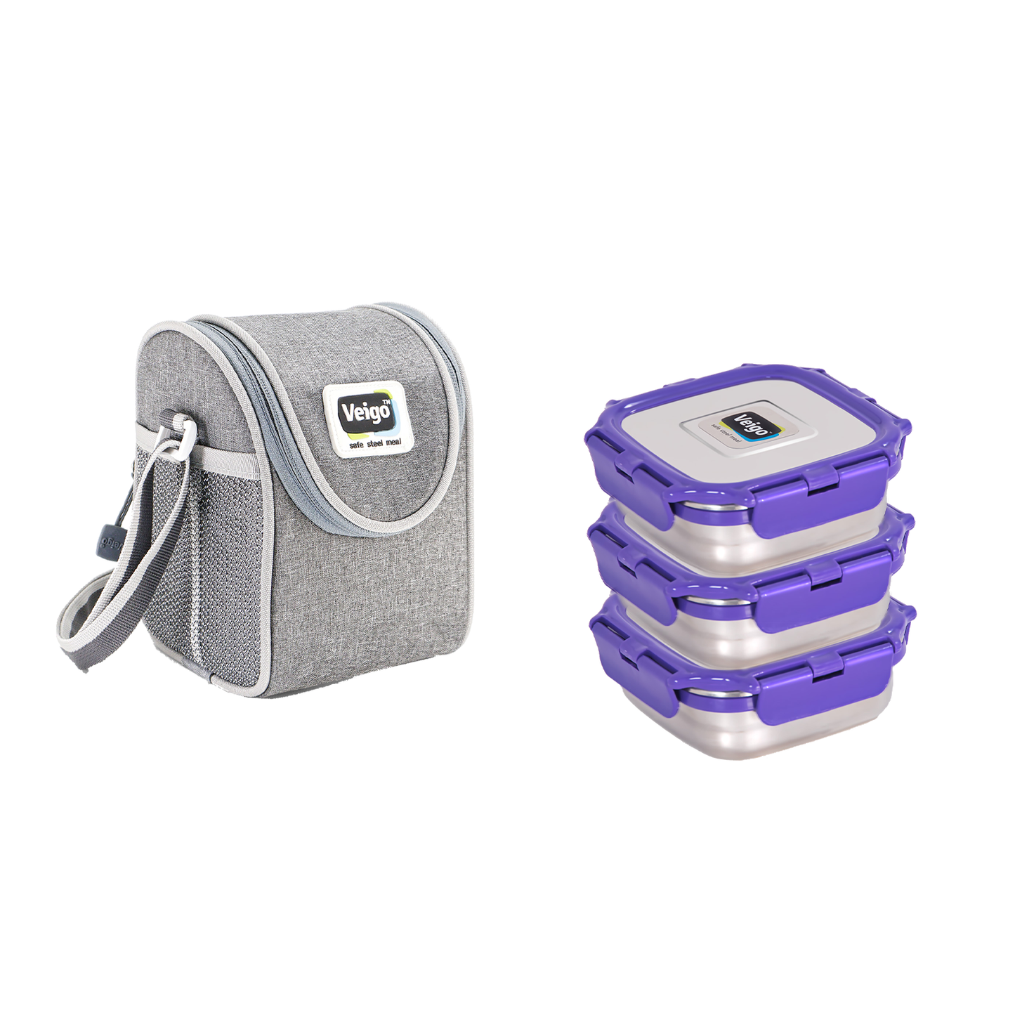Veigo MEDIUM Steel Snack Box - Veigo Stack of 3 with Insulated Pouch / Violet