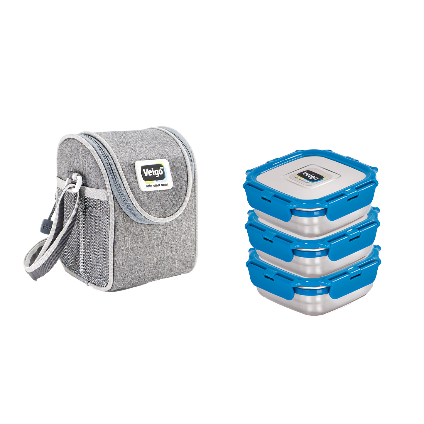 Veigo MEDIUM Steel Snack Box - Veigo Stack of 3 with Insulated Pouch / Dark Blue