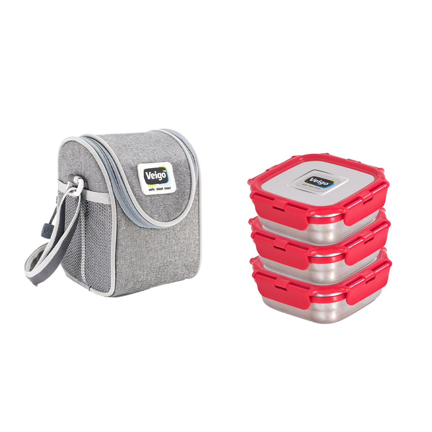 Veigo MEDIUM Steel Snack Box - Veigo Stack of 3 with Insulated Pouch / Red