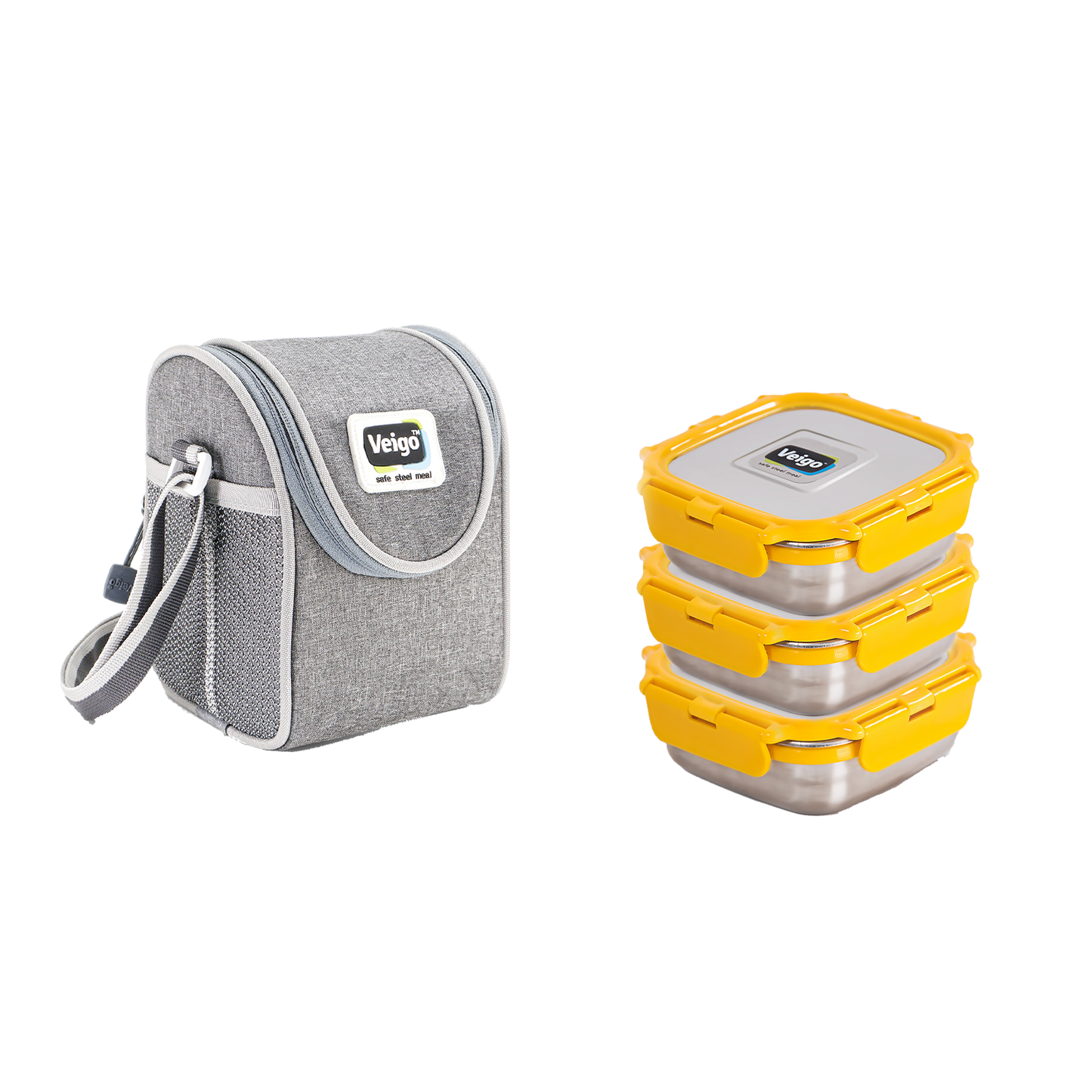 Veigo MEDIUM Steel Snack Box - Veigo Stack of 3 with Insulated Pouch / Yellow