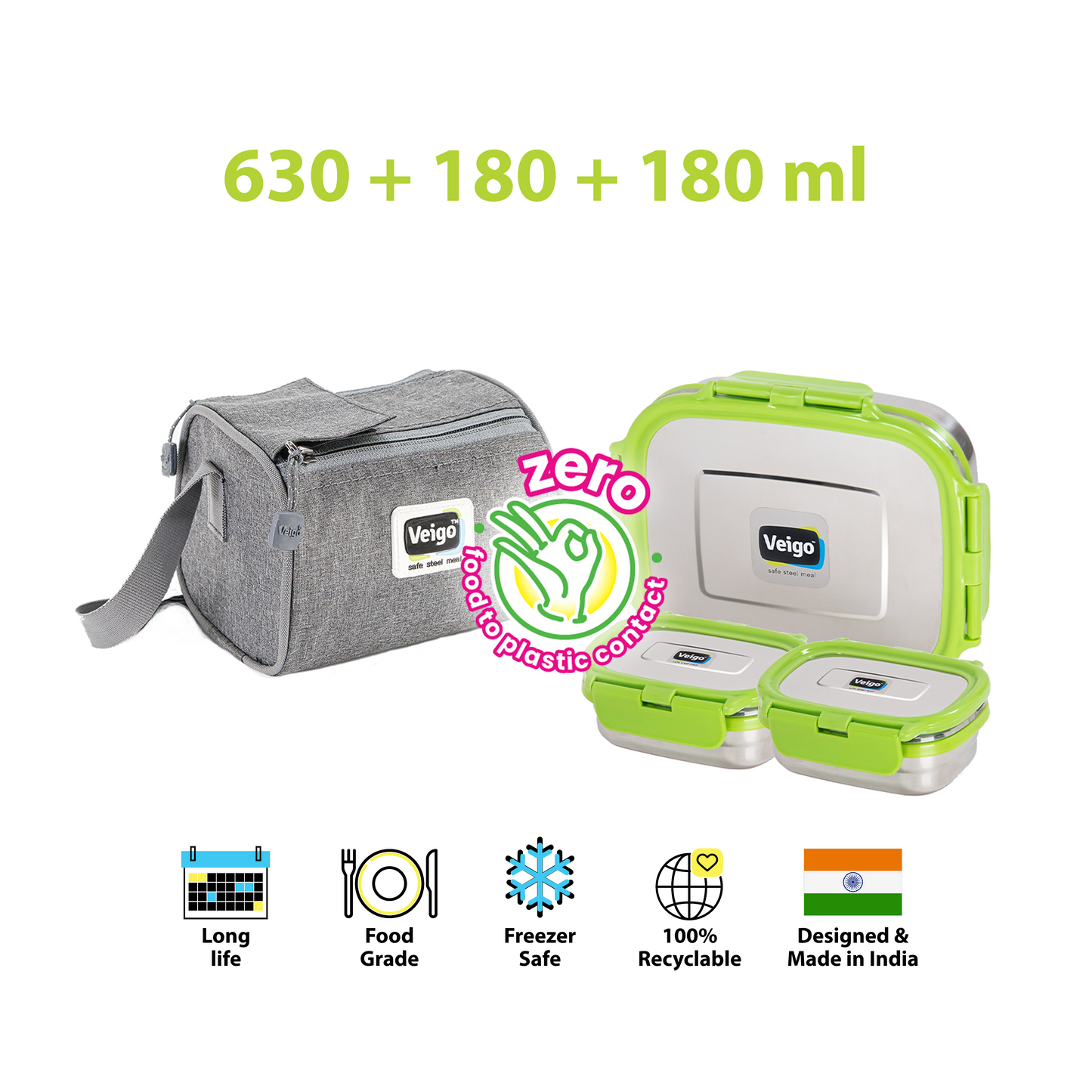 Veigo Daftar- Set of 3 Lunch Boxes in Lunch Bag - Veigo Green / Original