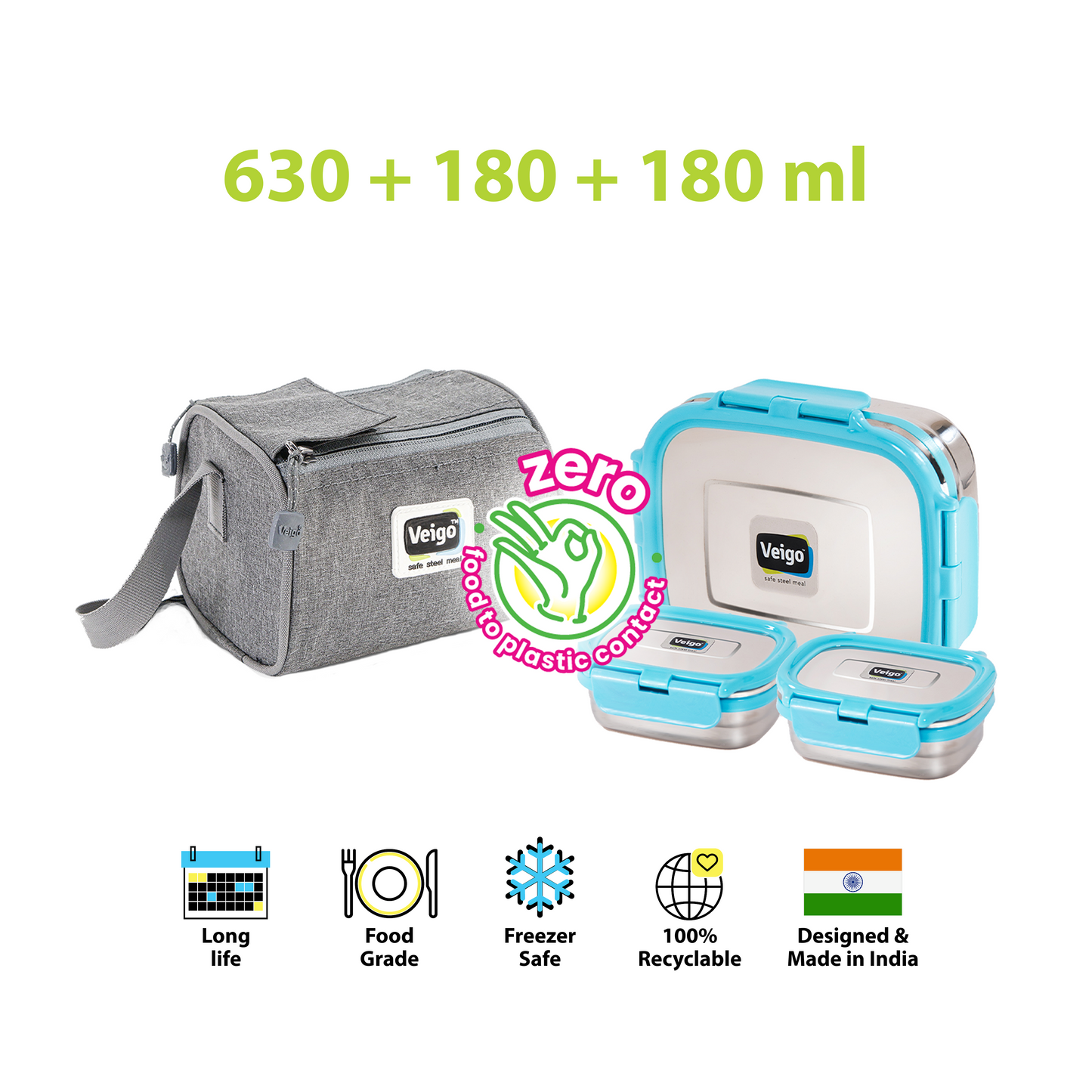 Veigo Daftar- Set of 3 Lunch Boxes in Lunch Bag - Veigo Aqua Blue / Original