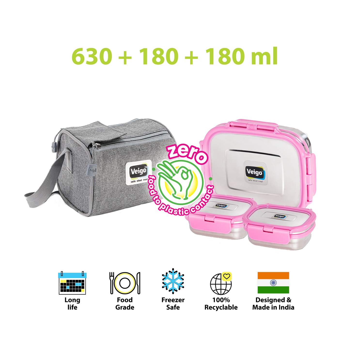 Veigo Daftar- Set of 3 Lunch Boxes in Lunch Bag - Veigo Pink / Original