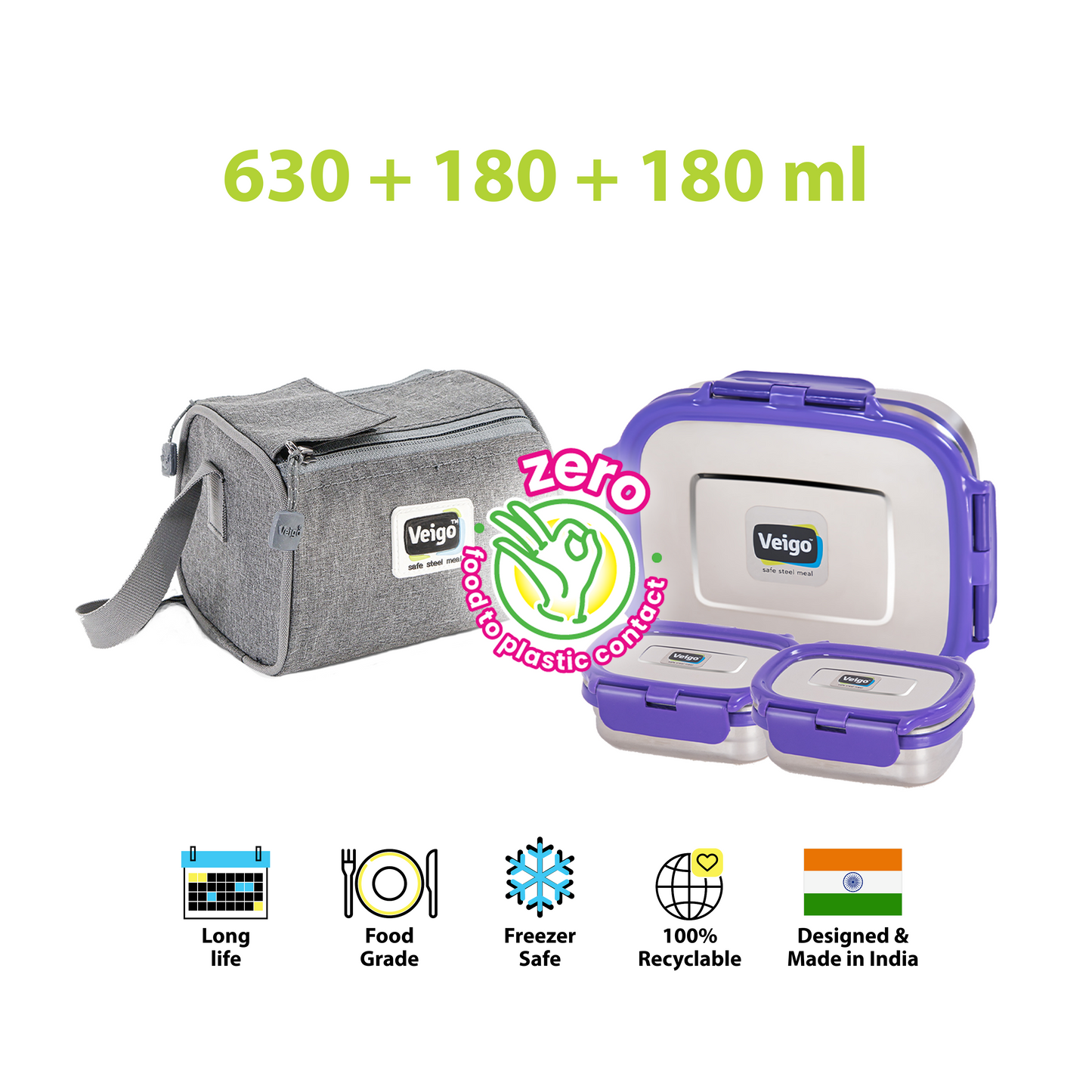 Veigo Daftar- Set of 3 Lunch Boxes in Lunch Bag - Veigo Violet / Original