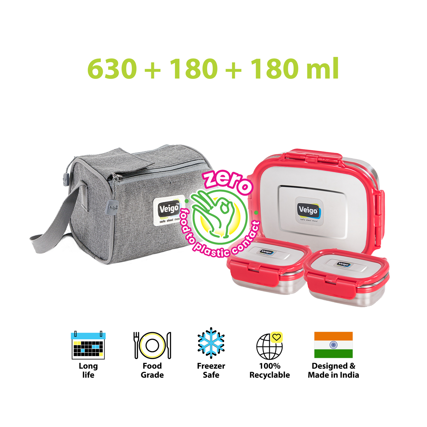 Veigo Daftar- Set of 3 Lunch Boxes in Lunch Bag - Veigo Red / Original