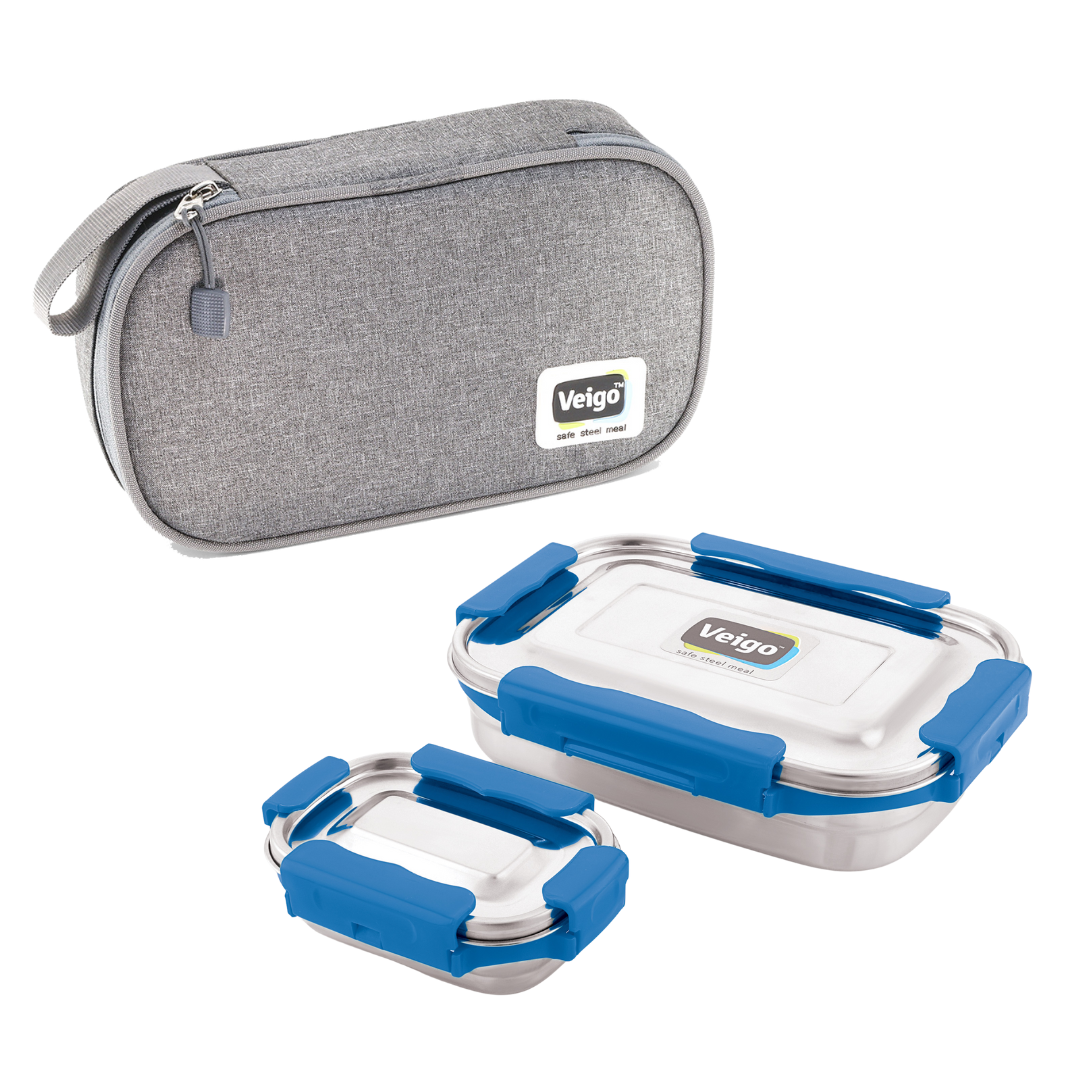 Veigo MaxoSteel JUMBO Lunch Box w/ Veg Box - Veigo with Insulated Pouch / Dark Blue