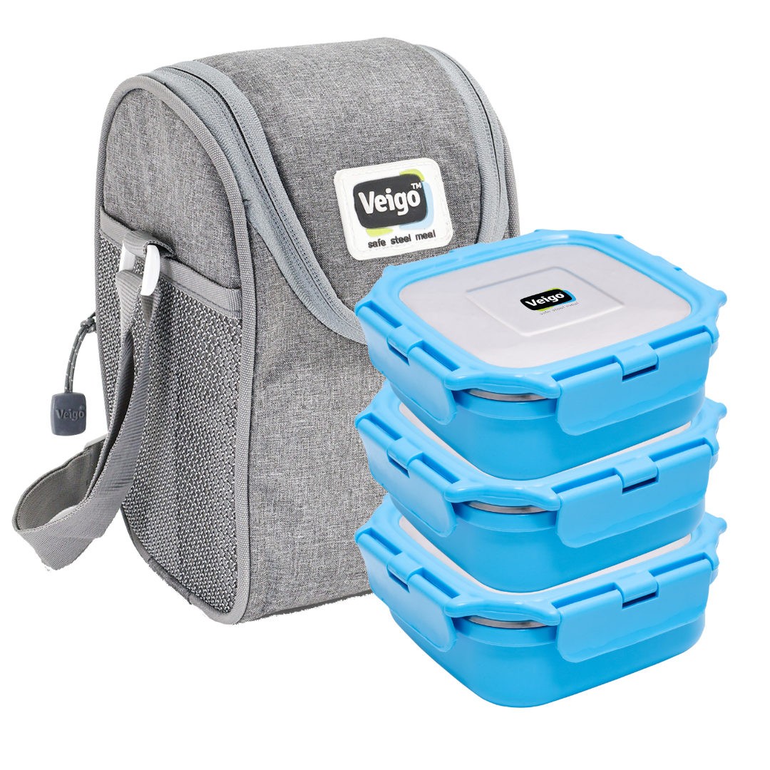 Veigo HeatUp Medium ( Microwave Safe) - Veigo Fresh Blue / Set of 3 with Insulated Pouch