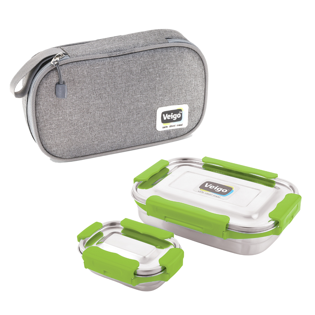 Veigo MaxoSteel JUMBO Lunch Box w/ Veg Box - Veigo with Insulated Pouch / Green