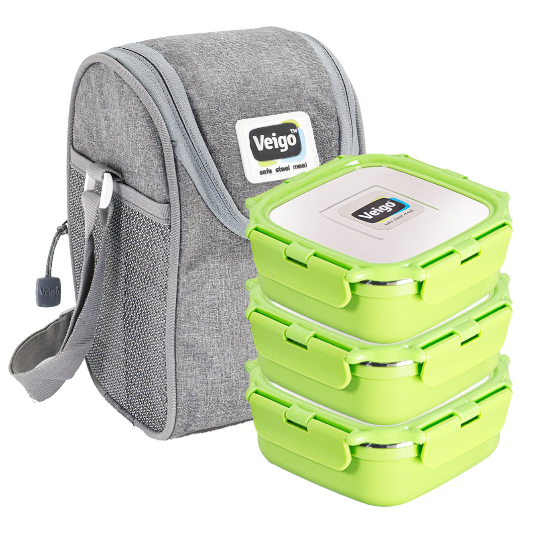 Veigo HeatUp Medium ( Microwave Safe) - Veigo Green / Set of 3 with Insulated Pouch