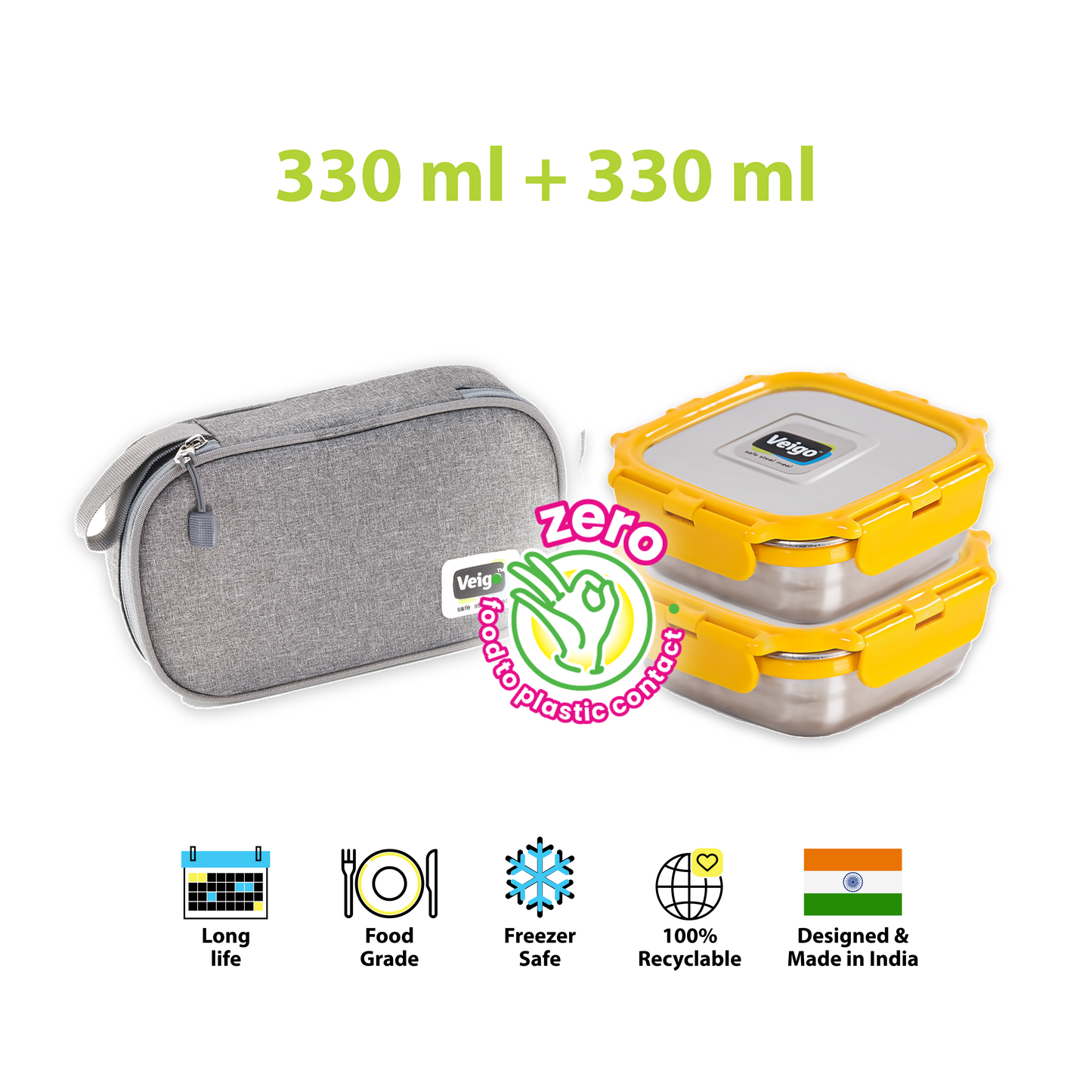 Veigo Daily- Set of 2 Lunch Boxes in a flat pouch - Veigo Yellow / Original
