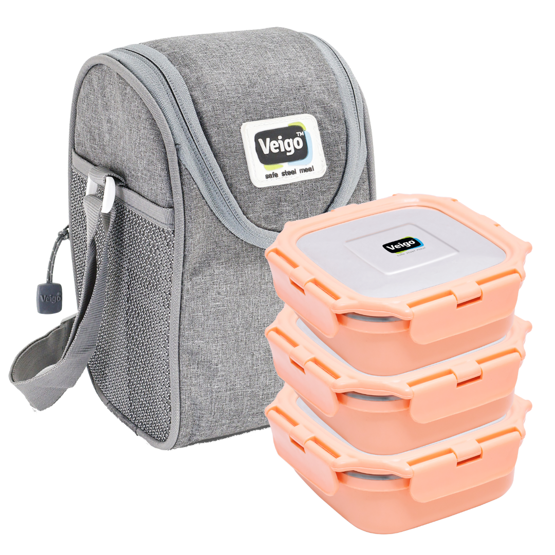 Veigo HeatUp Medium ( Microwave Safe) - Veigo Peach / Set of 3 with Insulated Pouch
