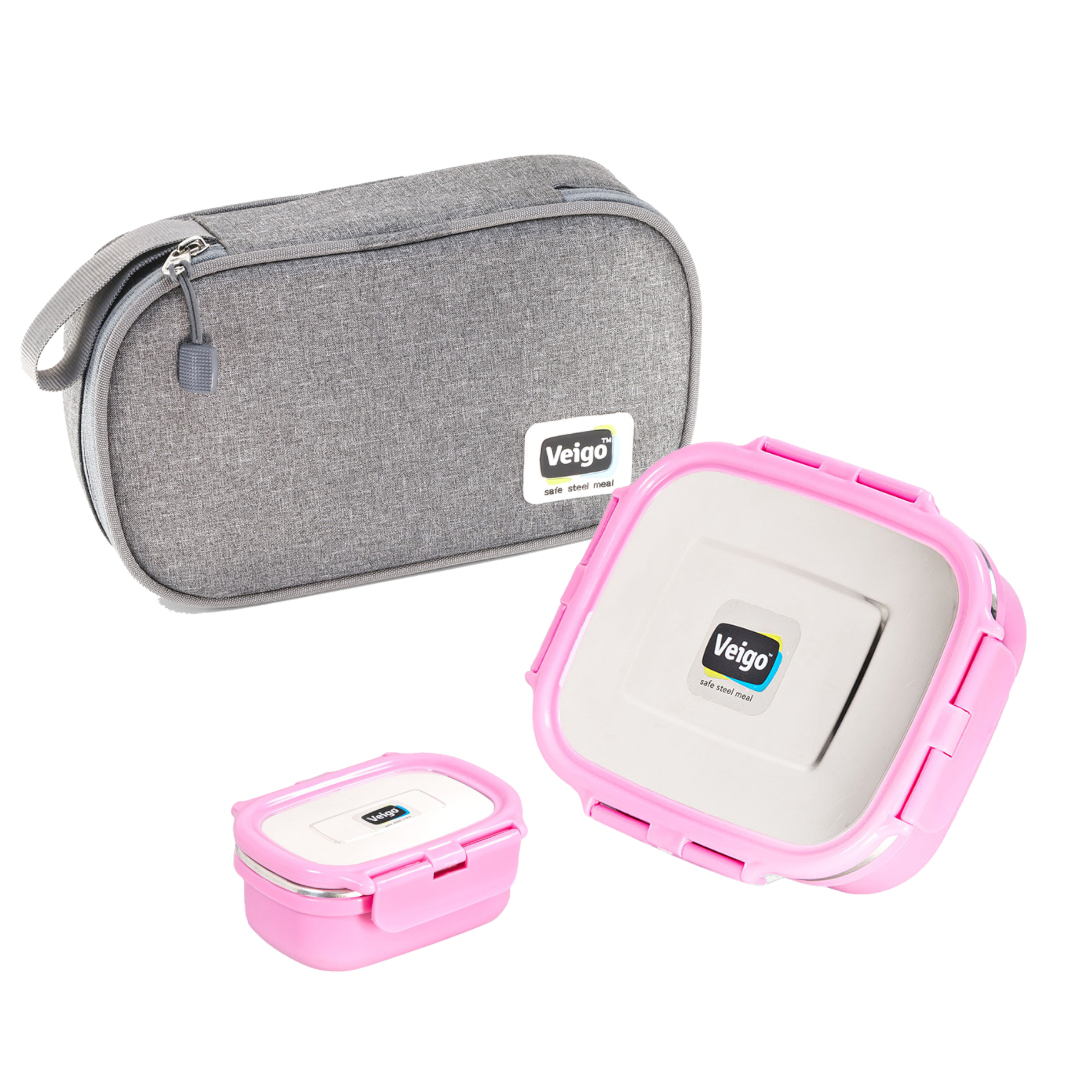 Veigo HeatUp Large ( Microwave Safe) - Veigo Lunch Box Set with Insulated Pouch / Pink