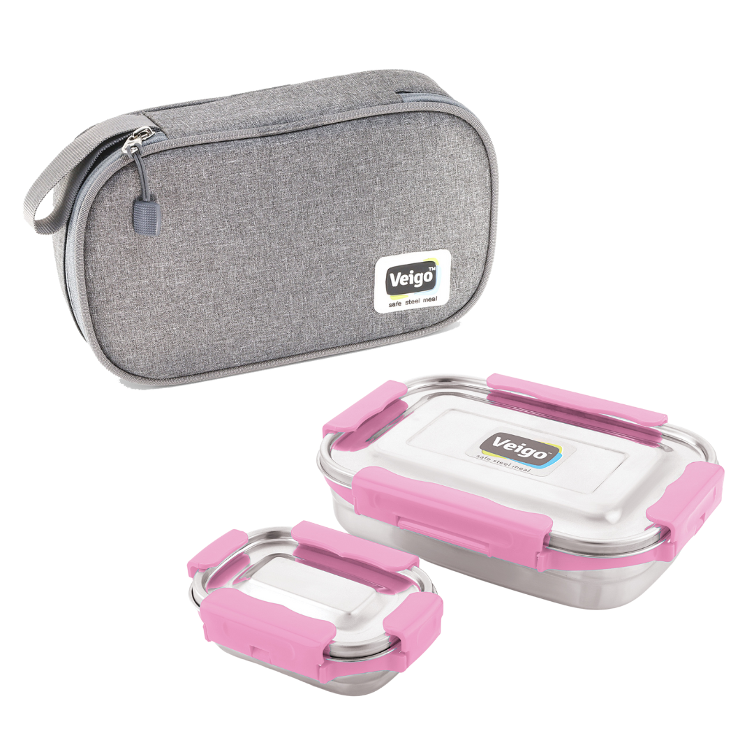 Veigo MaxoSteel JUMBO Lunch Box w/ Veg Box - Veigo with Insulated Pouch / Pink