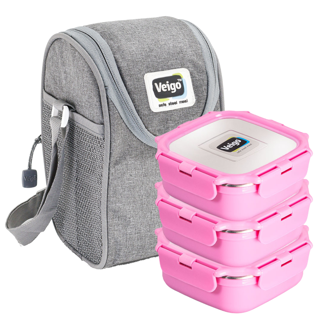 Veigo HeatUp Medium ( Microwave Safe) - Veigo Pink / Set of 3 with Insulated Pouch